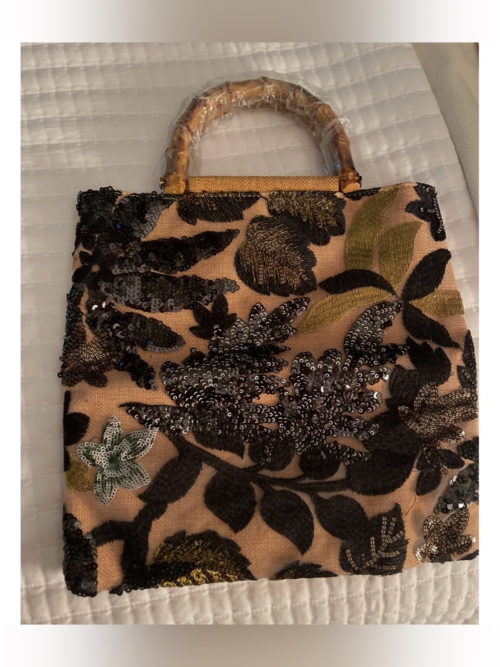Embellished Floral Sequin Tote Bag in Beige and Black